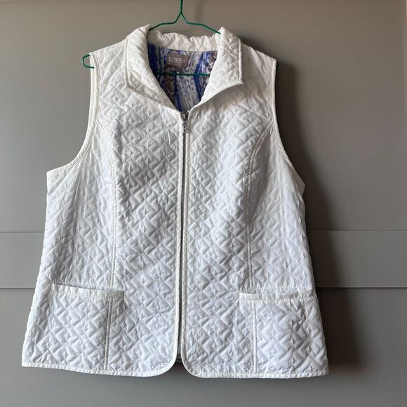 Chico's Women's Ribbed Quilted Vest Sz 2 Large White Zip Collared Pocket Lined - Picture 1 of 13
